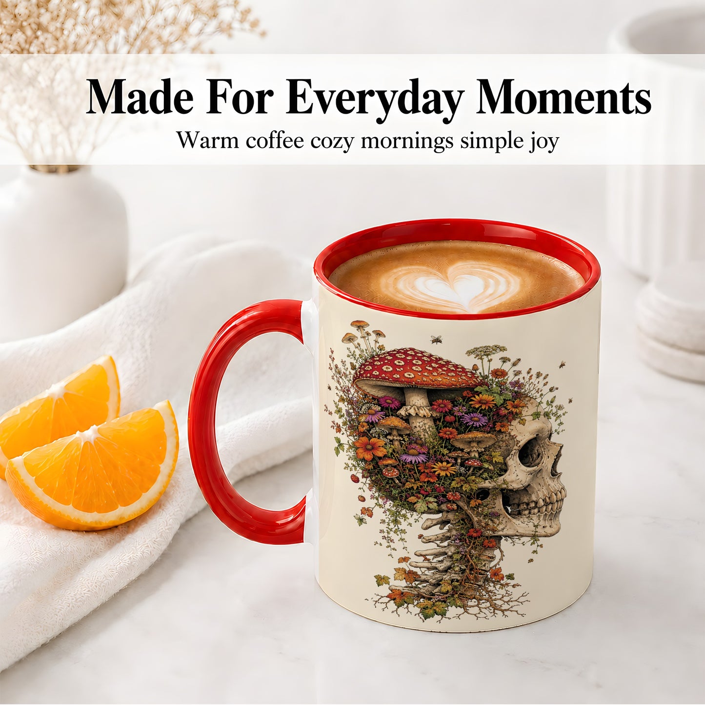 #pl[11oz|Red] Mushroom Skull Ceramic Mug, Botanical Wildflower Autumn Artwork