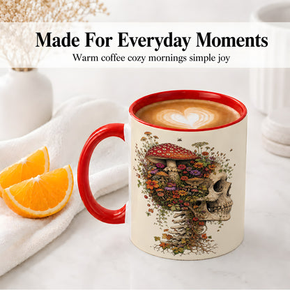 #pl[11oz|Red] Mushroom Skull Ceramic Mug, Botanical Wildflower Autumn Artwork