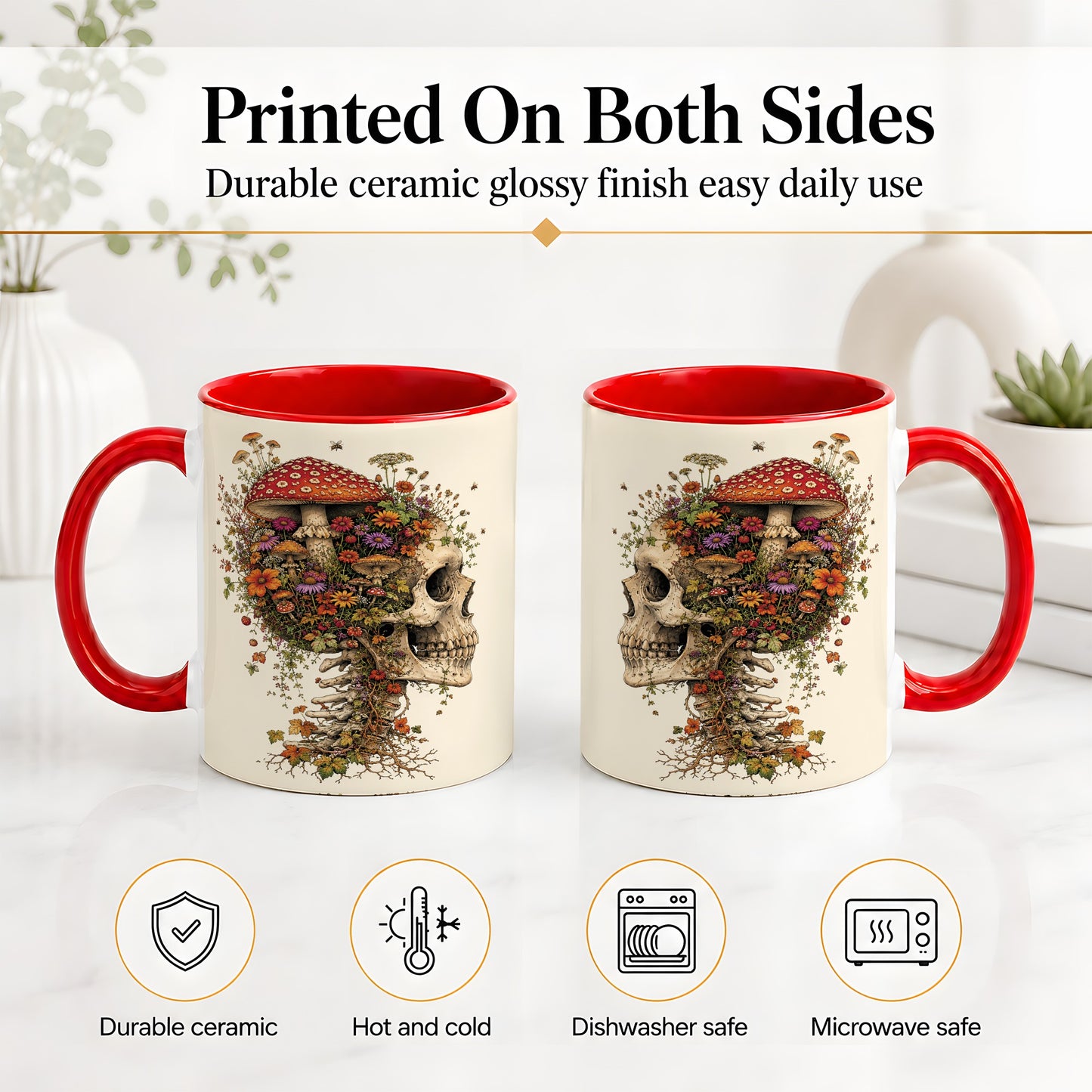 #pl[11oz|Red] Mushroom Skull Ceramic Mug, Botanical Wildflower Autumn Artwork