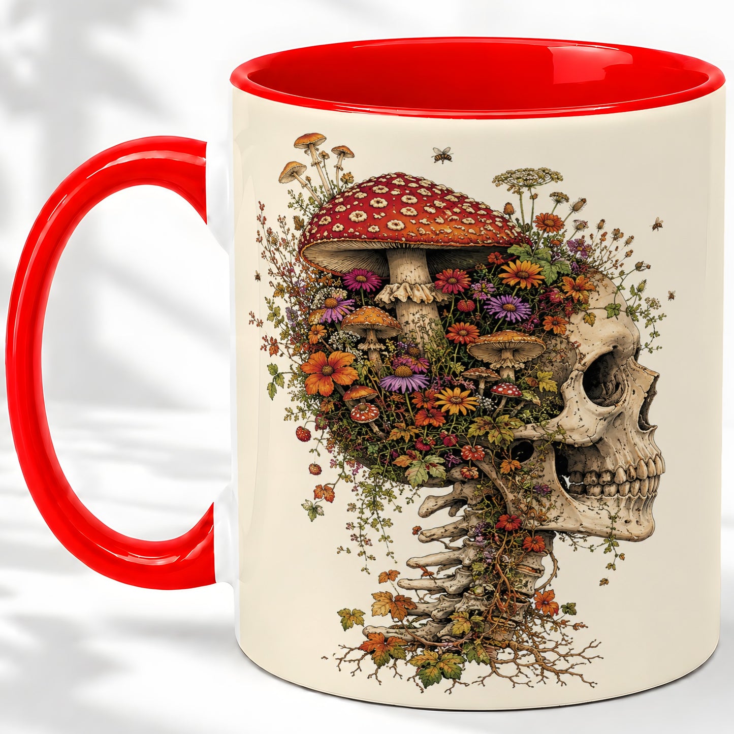 Mushroom Skull Ceramic Mug, Botanical Wildflower Autumn Artwork