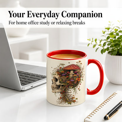 #pl[11oz|Red] Mushroom Skull Ceramic Mug, Botanical Wildflower Autumn Artwork