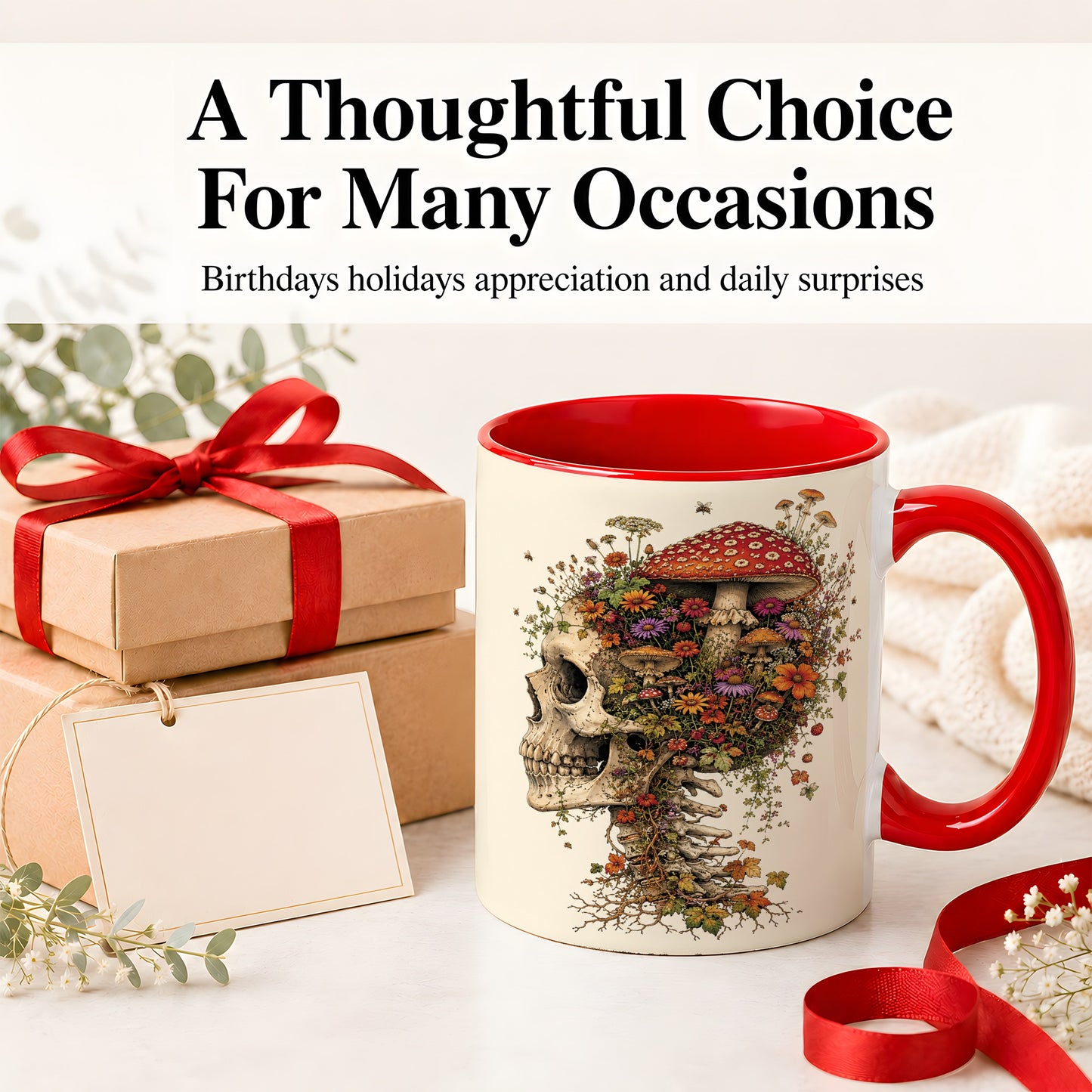 #pl[11oz|Red] Mushroom Skull Ceramic Mug, Botanical Wildflower Autumn Artwork