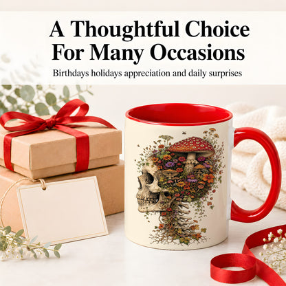 #pl[11oz|Red] Mushroom Skull Ceramic Mug, Botanical Wildflower Autumn Artwork