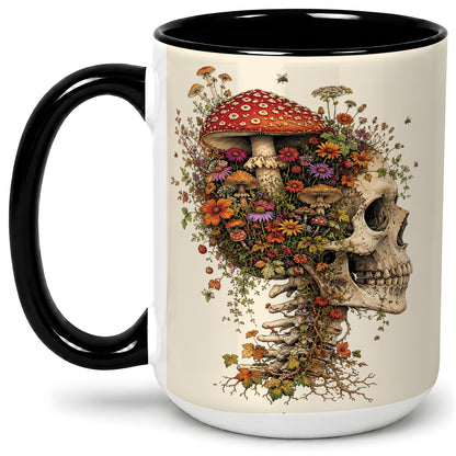 #pl[15oz|Black] Mushroom Skull Ceramic Mug, Botanical Wildflower Autumn Artwork