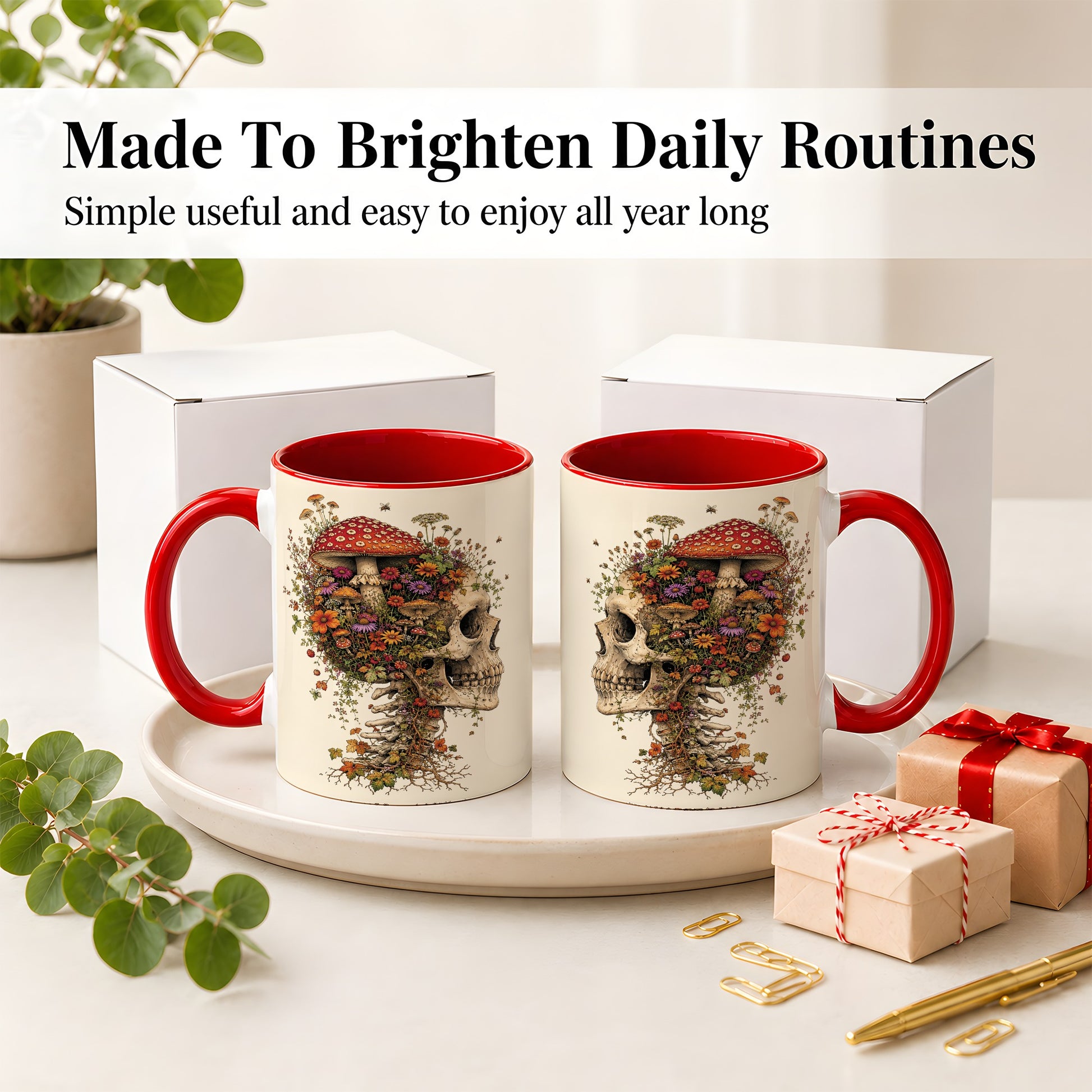 #pl[11oz|Red] Mushroom Skull Ceramic Mug, Botanical Wildflower Autumn Artwork