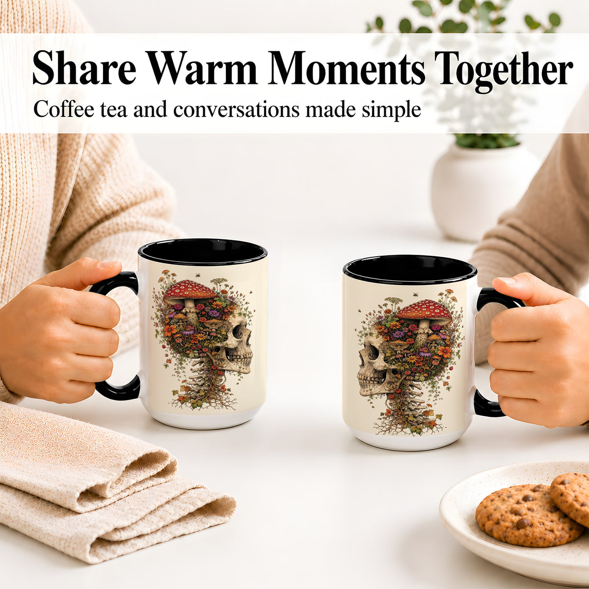 #pl[15oz|Black] Mushroom Skull Ceramic Mug, Botanical Wildflower Autumn Artwork