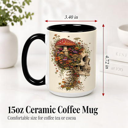 #pl[15oz|Black] Mushroom Skull Ceramic Mug, Botanical Wildflower Autumn Artwork