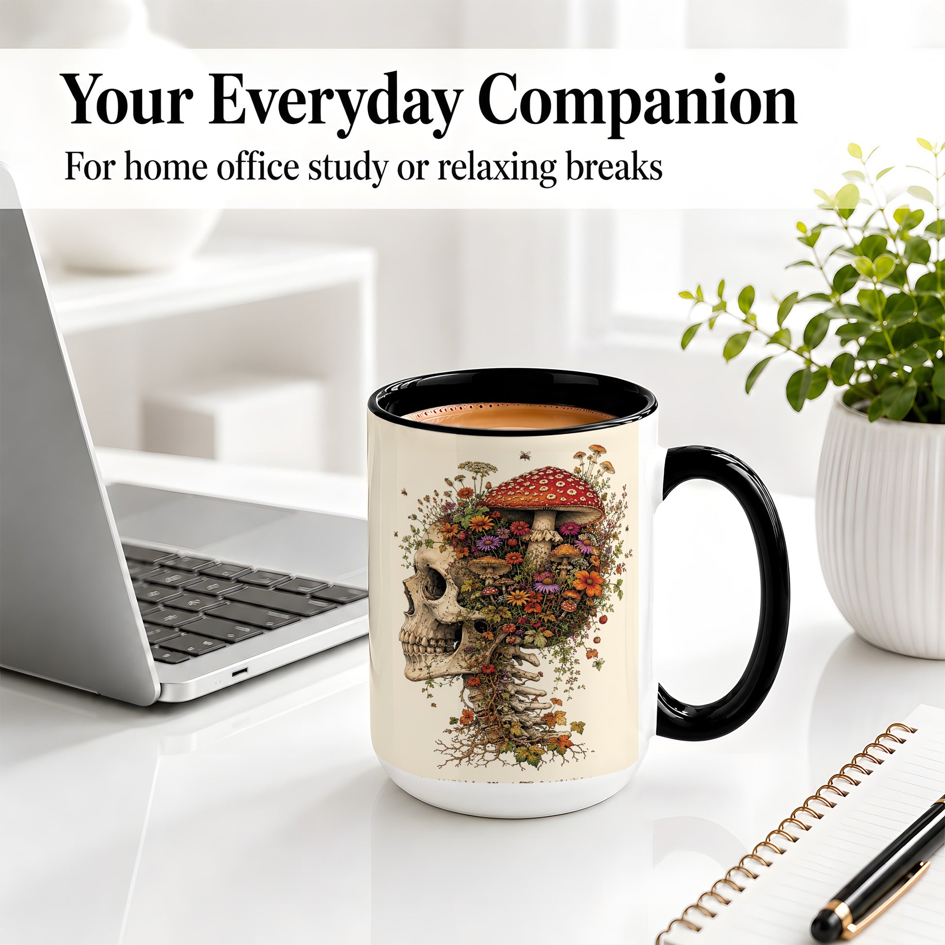 #pl[15oz|Black] Mushroom Skull Ceramic Mug, Botanical Wildflower Autumn Artwork