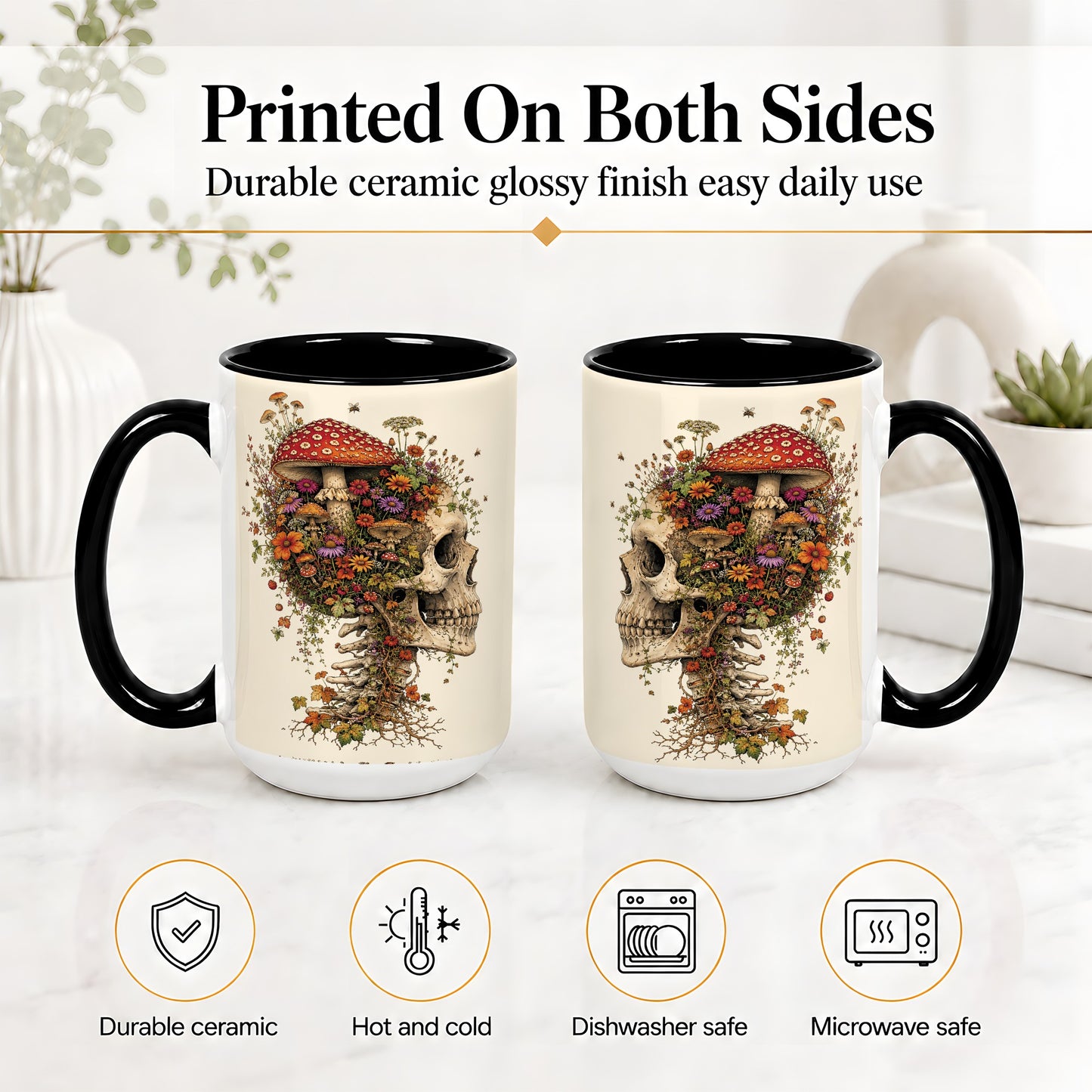 #pl[15oz|Black] Mushroom Skull Ceramic Mug, Botanical Wildflower Autumn Artwork