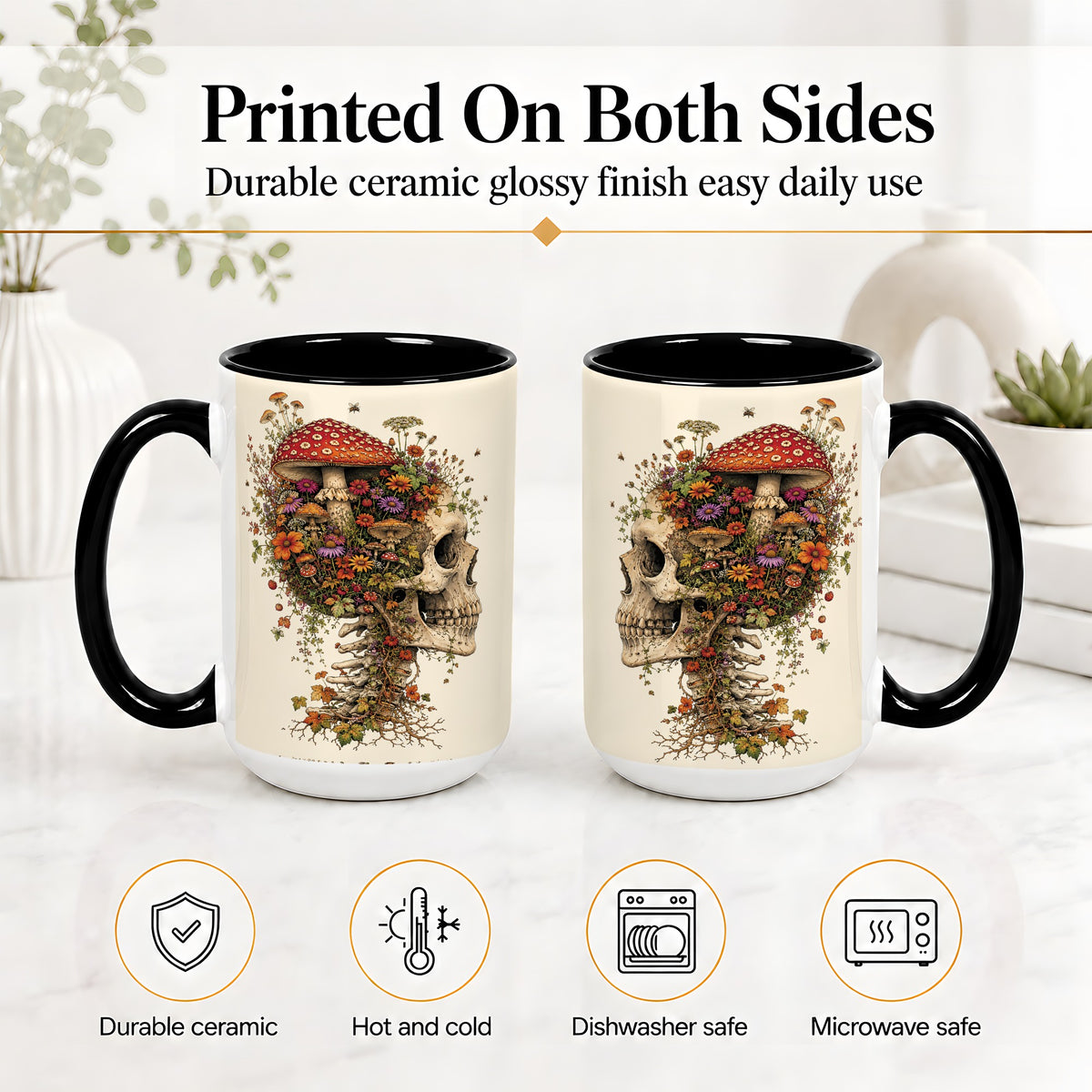 #pl[15oz|Black] Mushroom Skull Ceramic Mug, Botanical Wildflower Autumn Artwork