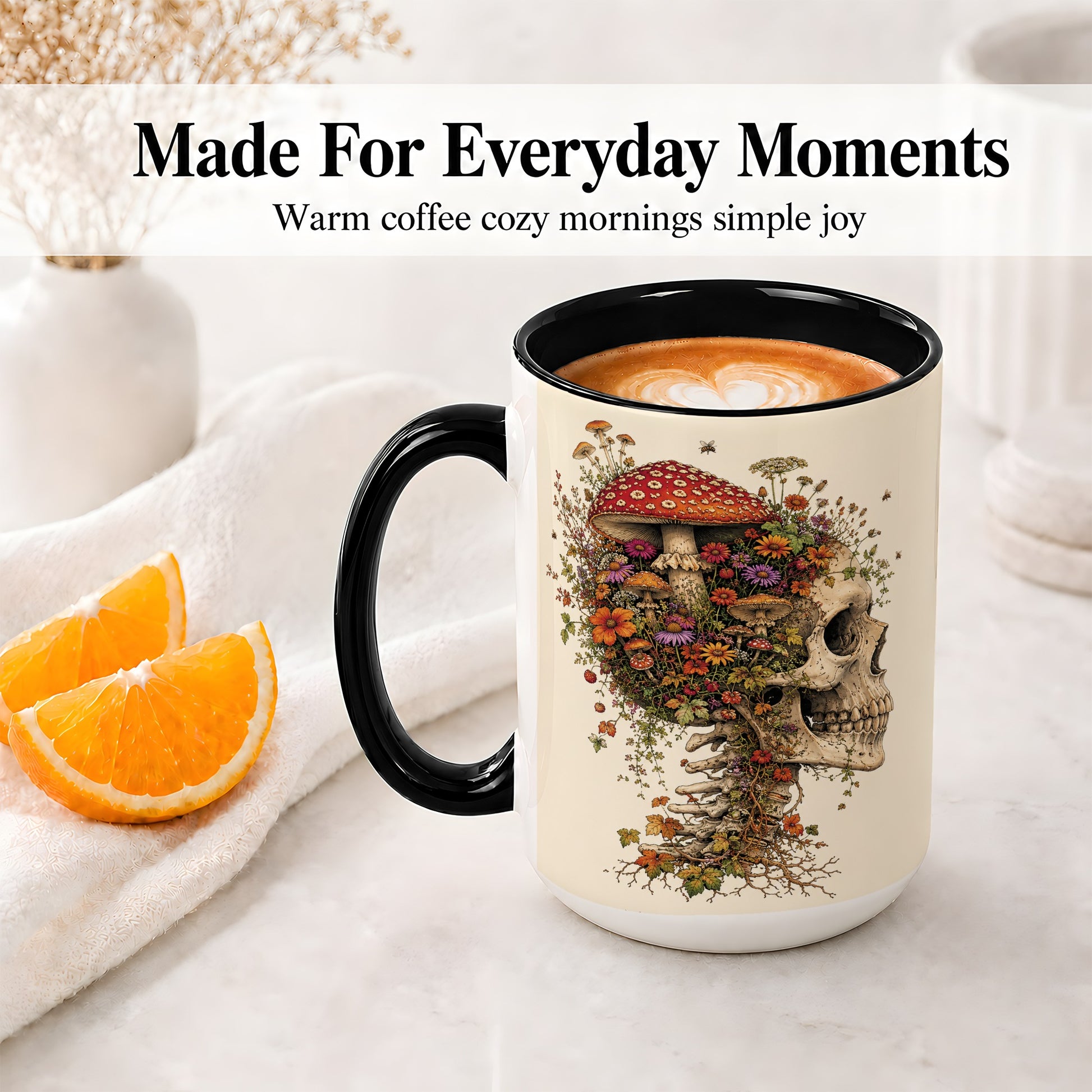 #pl[15oz|Black] Mushroom Skull Ceramic Mug, Botanical Wildflower Autumn Artwork