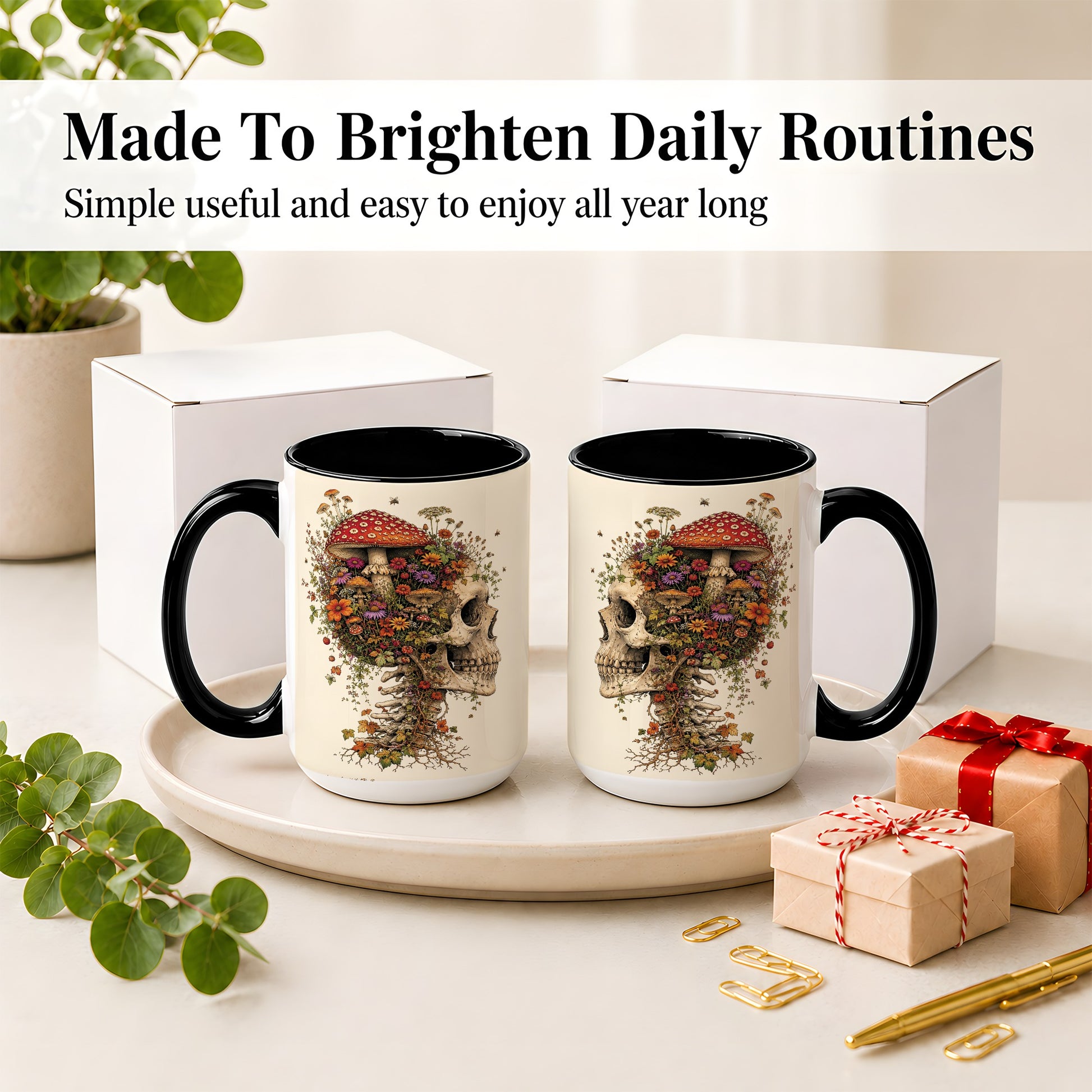 #pl[15oz|Black] Mushroom Skull Ceramic Mug, Botanical Wildflower Autumn Artwork