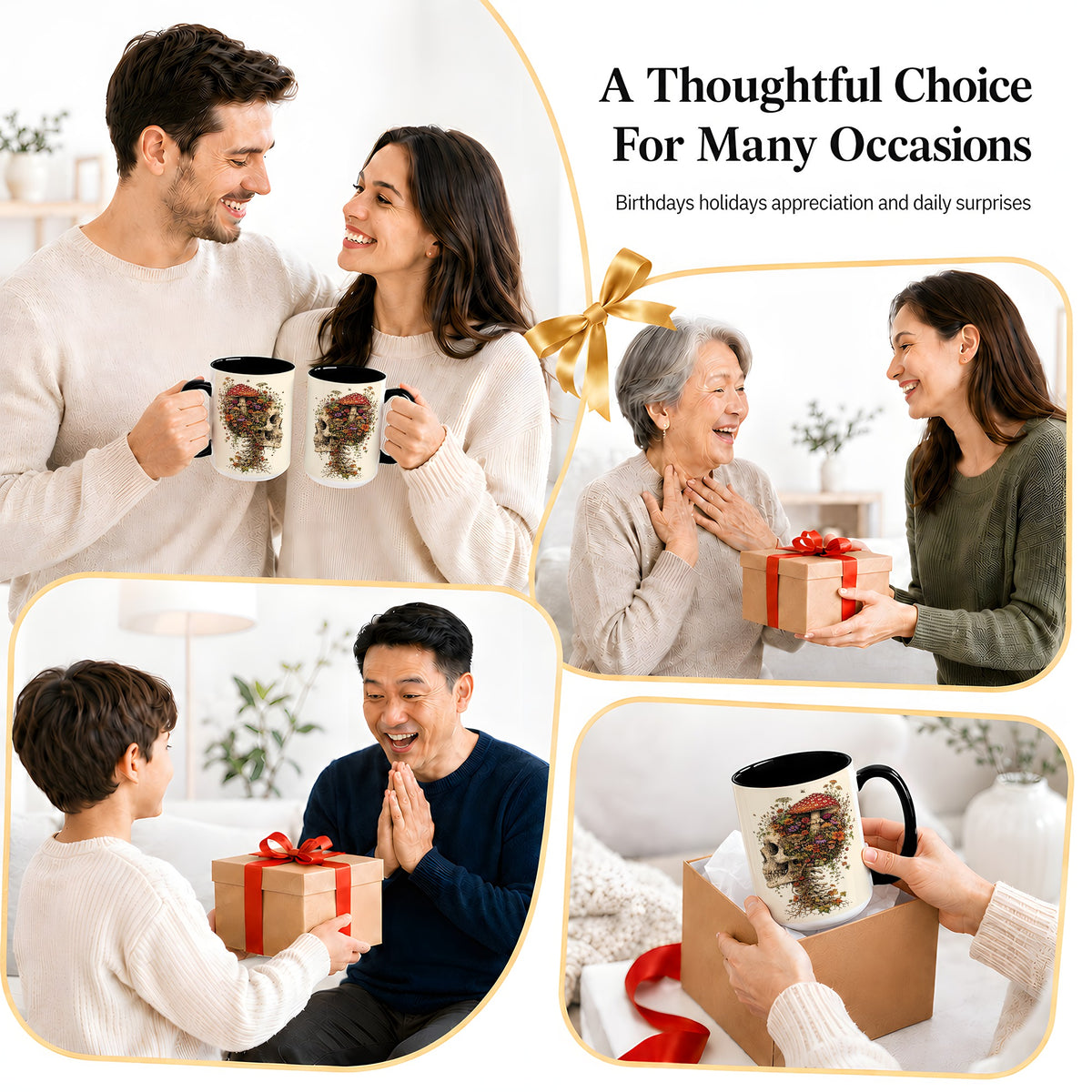 #pl[15oz|Black] Mushroom Skull Ceramic Mug, Botanical Wildflower Autumn Artwork