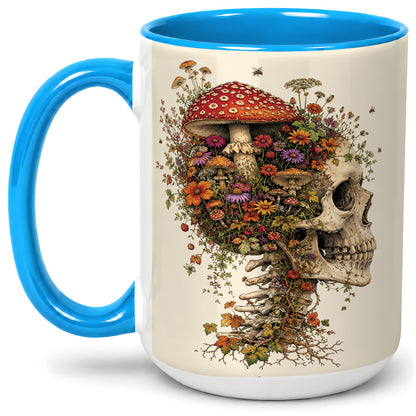 #pl[15oz|Blue] Mushroom Skull Ceramic Mug, Botanical Wildflower Autumn Artwork