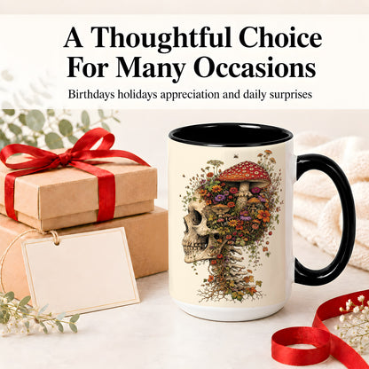 #pl[15oz|Black] Mushroom Skull Ceramic Mug, Botanical Wildflower Autumn Artwork