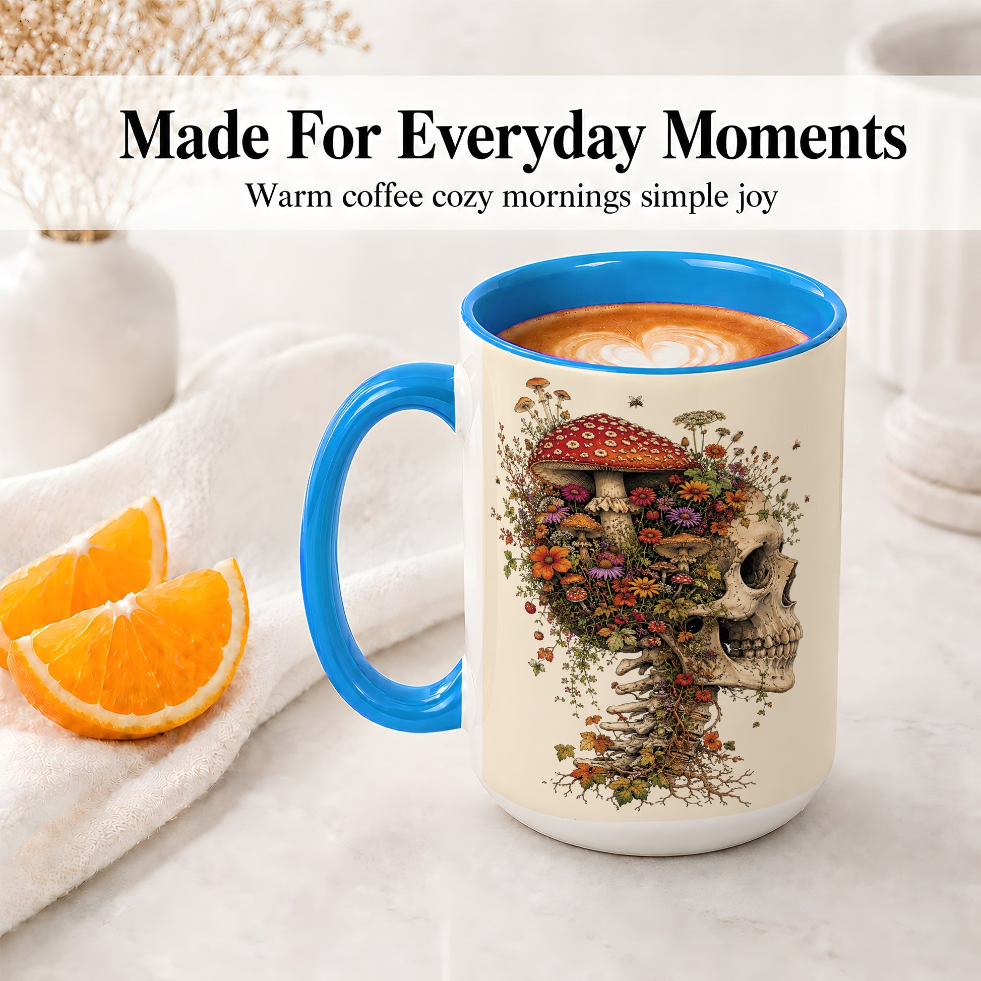 #pl[15oz|Blue] Mushroom Skull Ceramic Mug, Botanical Wildflower Autumn Artwork