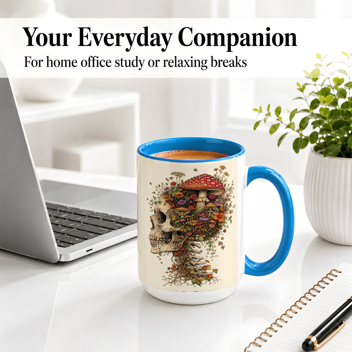 #pl[15oz|Blue] Mushroom Skull Ceramic Mug, Botanical Wildflower Autumn Artwork