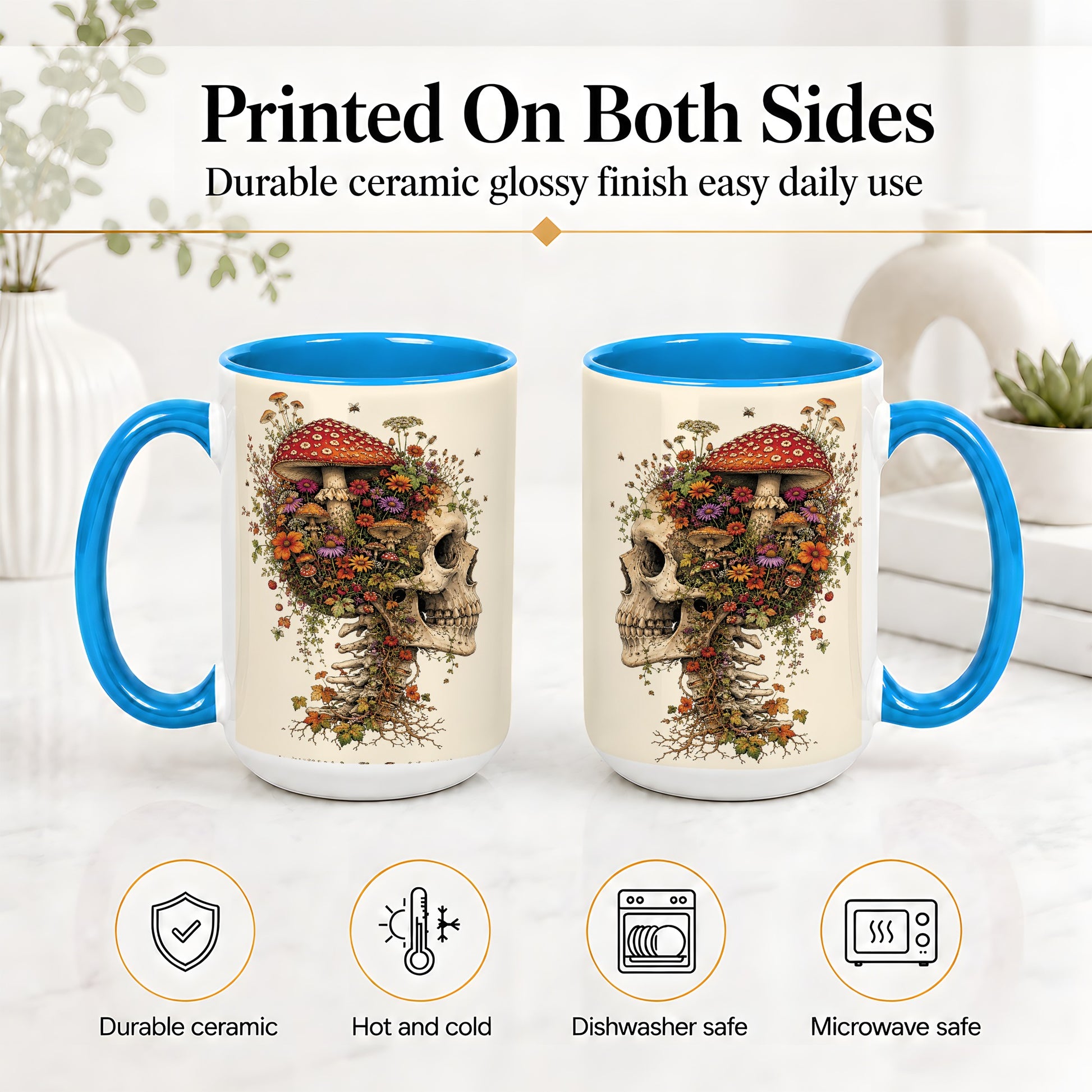#pl[15oz|Blue] Mushroom Skull Ceramic Mug, Botanical Wildflower Autumn Artwork