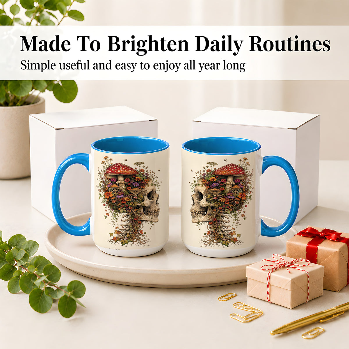 #pl[15oz|Blue] Mushroom Skull Ceramic Mug, Botanical Wildflower Autumn Artwork