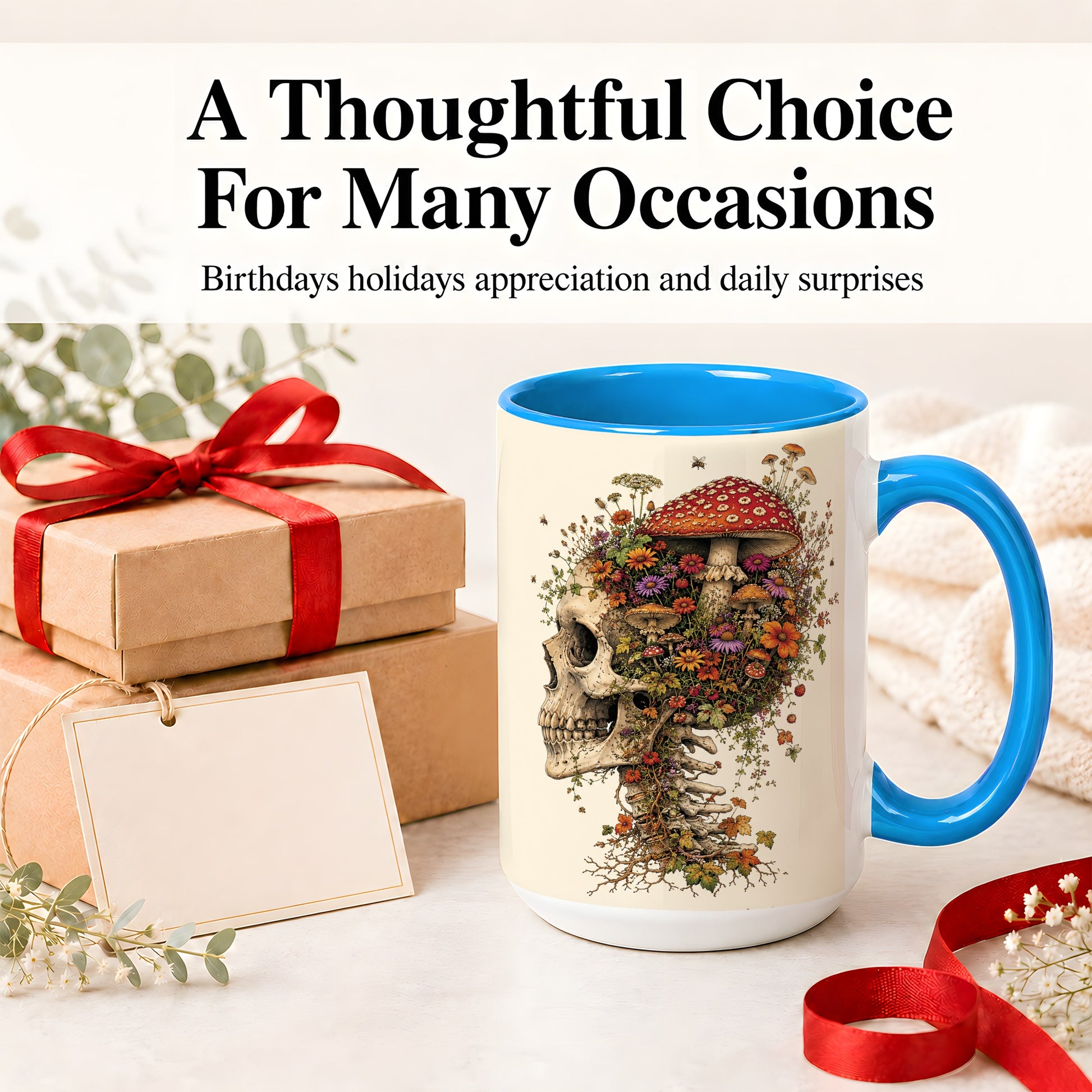 #pl[15oz|Blue] Mushroom Skull Ceramic Mug, Botanical Wildflower Autumn Artwork