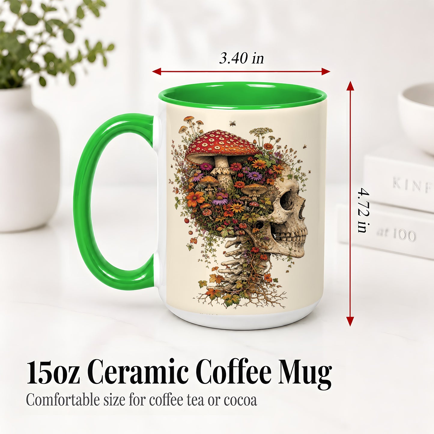 #pl[15oz|Green] Mushroom Skull Ceramic Mug, Botanical Wildflower Autumn Artwork