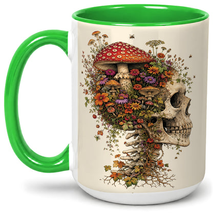 #pl[15oz|Green] Mushroom Skull Ceramic Mug, Botanical Wildflower Autumn Artwork