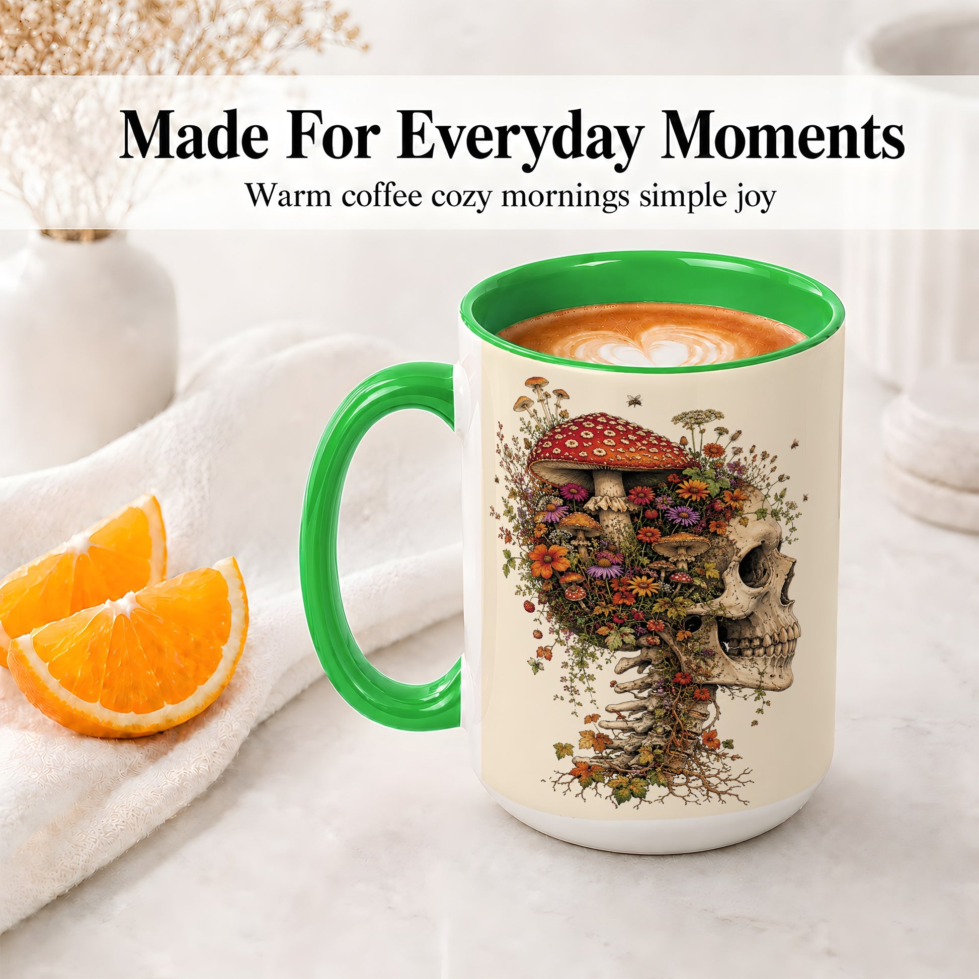 #pl[15oz|Green] Mushroom Skull Ceramic Mug, Botanical Wildflower Autumn Artwork