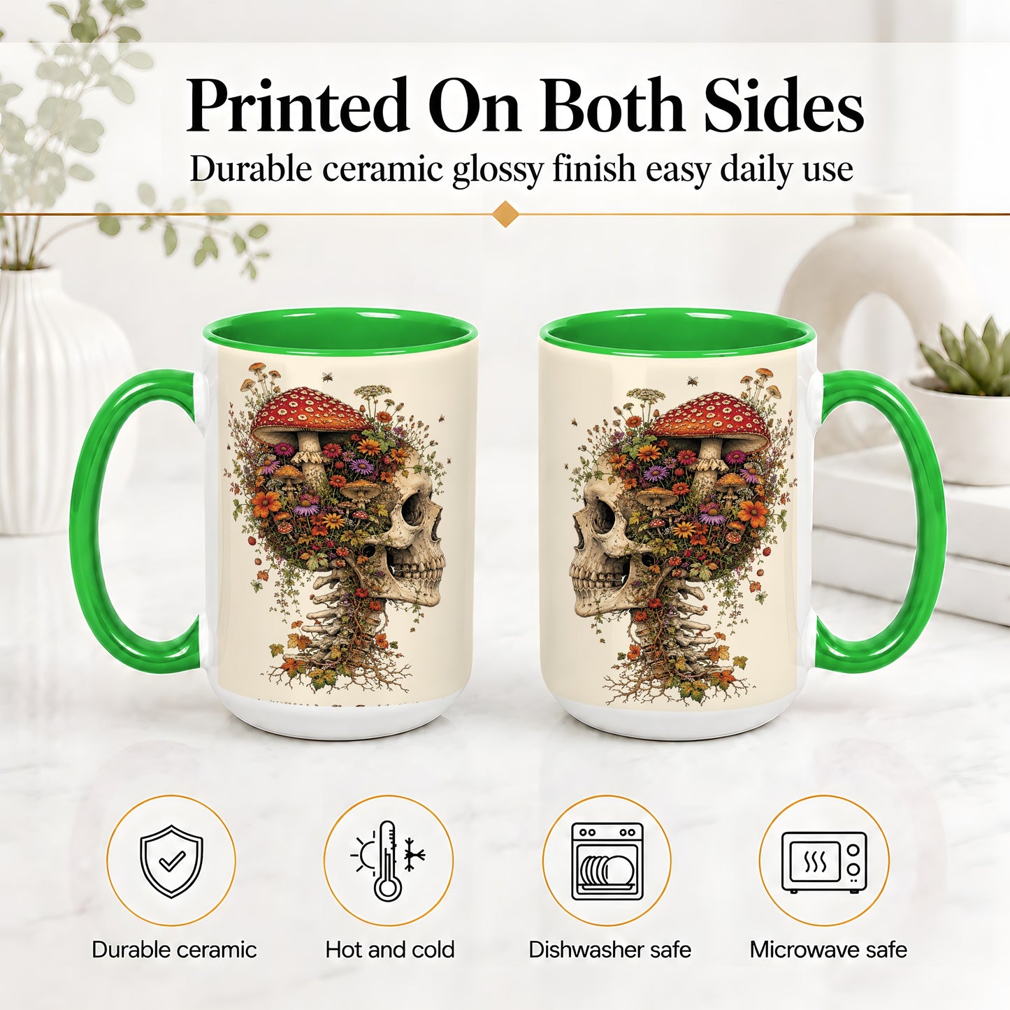#pl[15oz|Green] Mushroom Skull Ceramic Mug, Botanical Wildflower Autumn Artwork