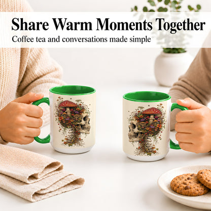 #pl[15oz|Green] Mushroom Skull Ceramic Mug, Botanical Wildflower Autumn Artwork