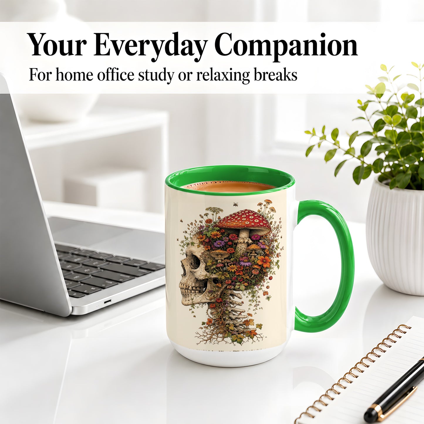 #pl[15oz|Green] Mushroom Skull Ceramic Mug, Botanical Wildflower Autumn Artwork