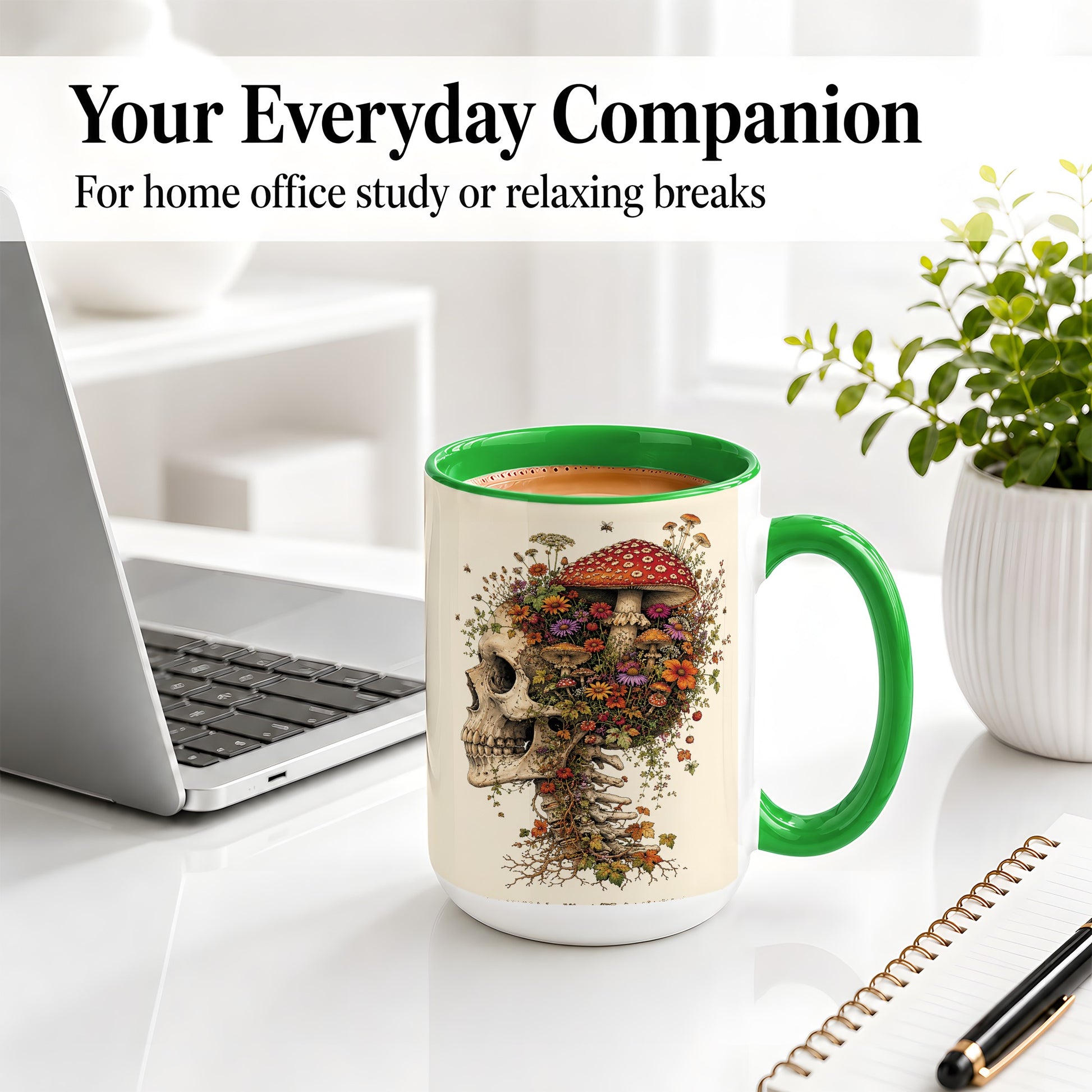 #pl[15oz|Green] Mushroom Skull Ceramic Mug, Botanical Wildflower Autumn Artwork