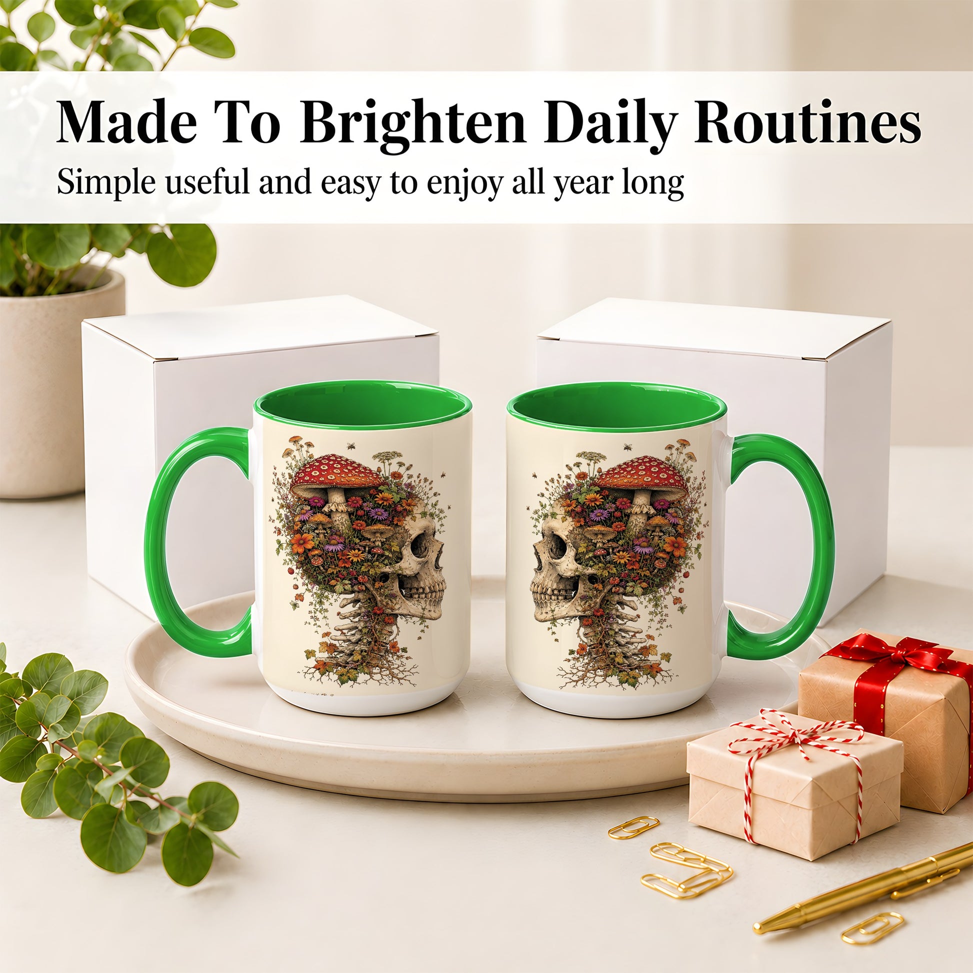 #pl[15oz|Green] Mushroom Skull Ceramic Mug, Botanical Wildflower Autumn Artwork