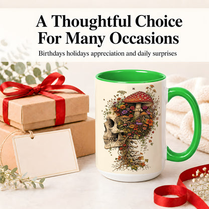 #pl[15oz|Green] Mushroom Skull Ceramic Mug, Botanical Wildflower Autumn Artwork
