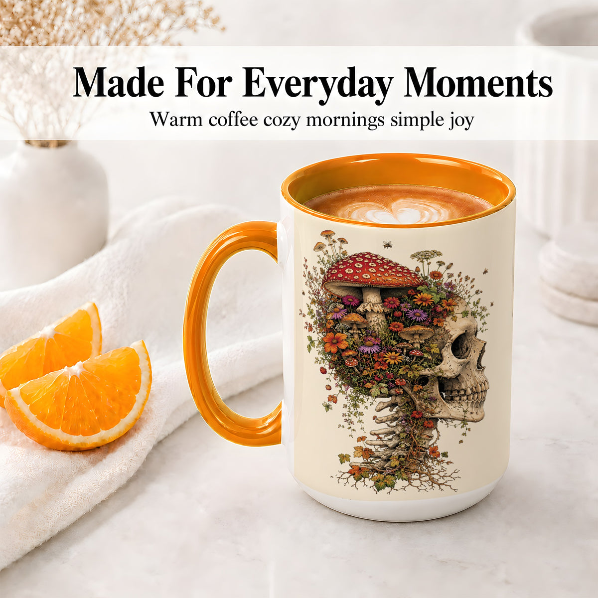 #pl[15oz|Orange] Mushroom Skull Ceramic Mug, Botanical Wildflower Autumn Artwork