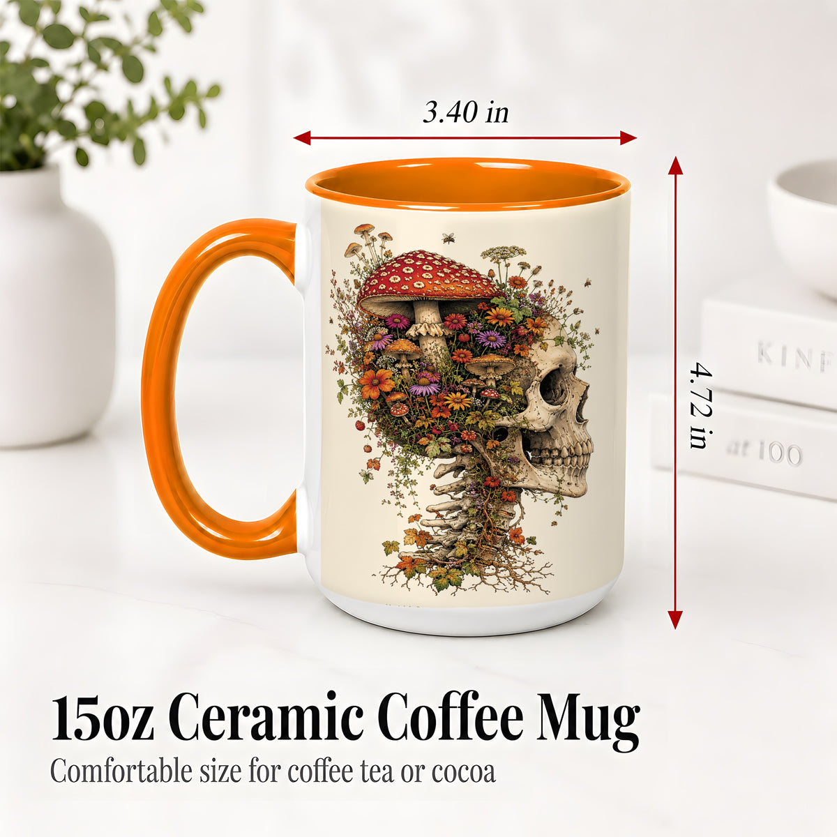 #pl[15oz|Orange] Mushroom Skull Ceramic Mug, Botanical Wildflower Autumn Artwork