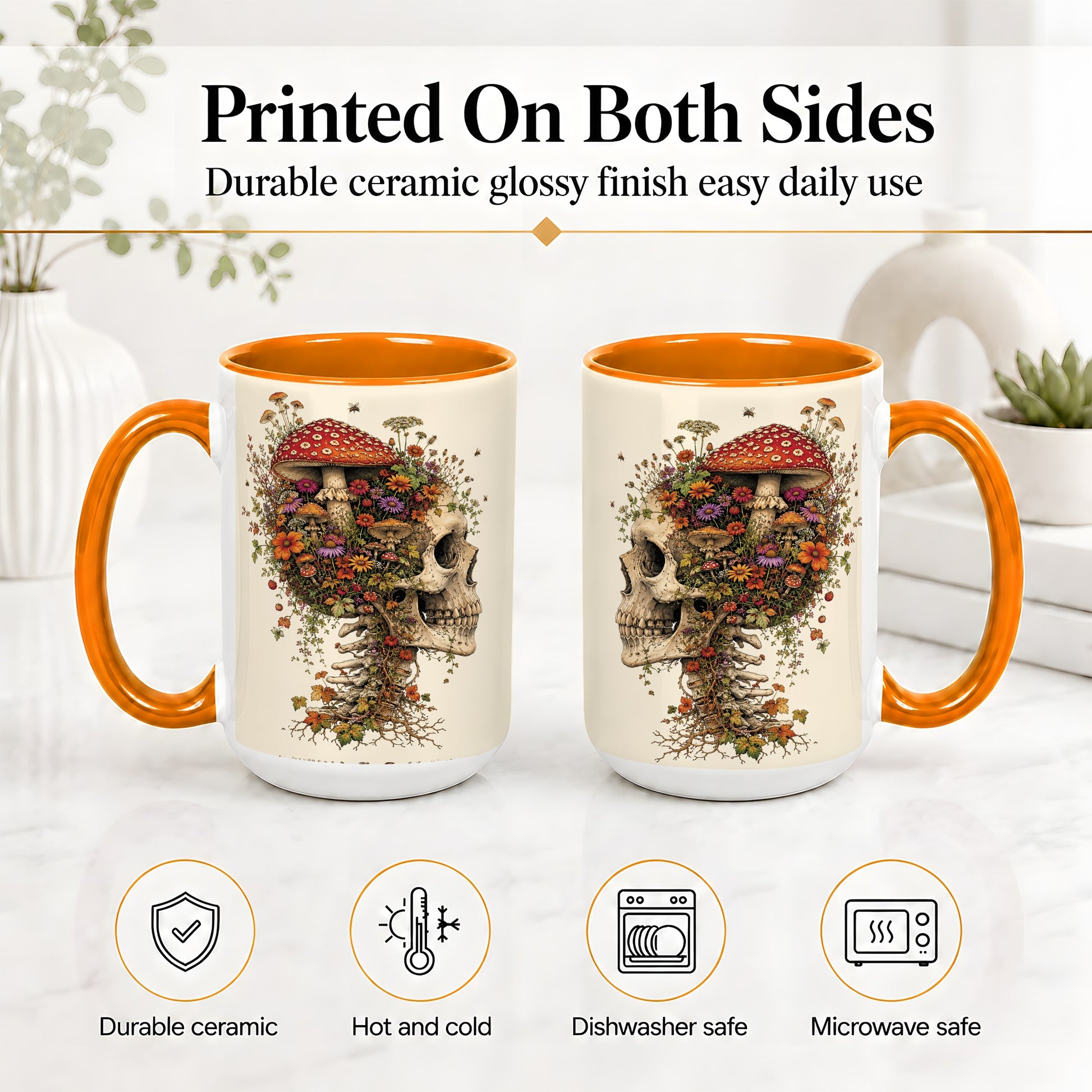 #pl[15oz|Orange] Mushroom Skull Ceramic Mug, Botanical Wildflower Autumn Artwork