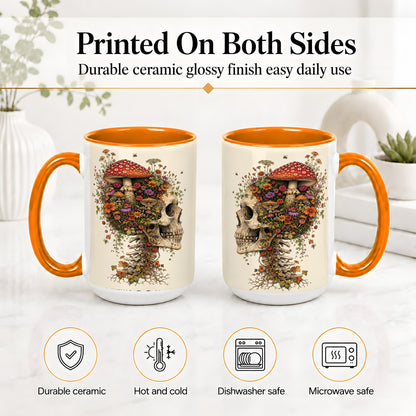 #pl[15oz|Orange] Mushroom Skull Ceramic Mug, Botanical Wildflower Autumn Artwork