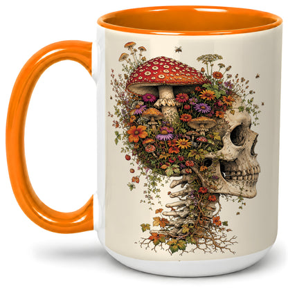 #pl[15oz|Orange] Mushroom Skull Ceramic Mug, Botanical Wildflower Autumn Artwork
