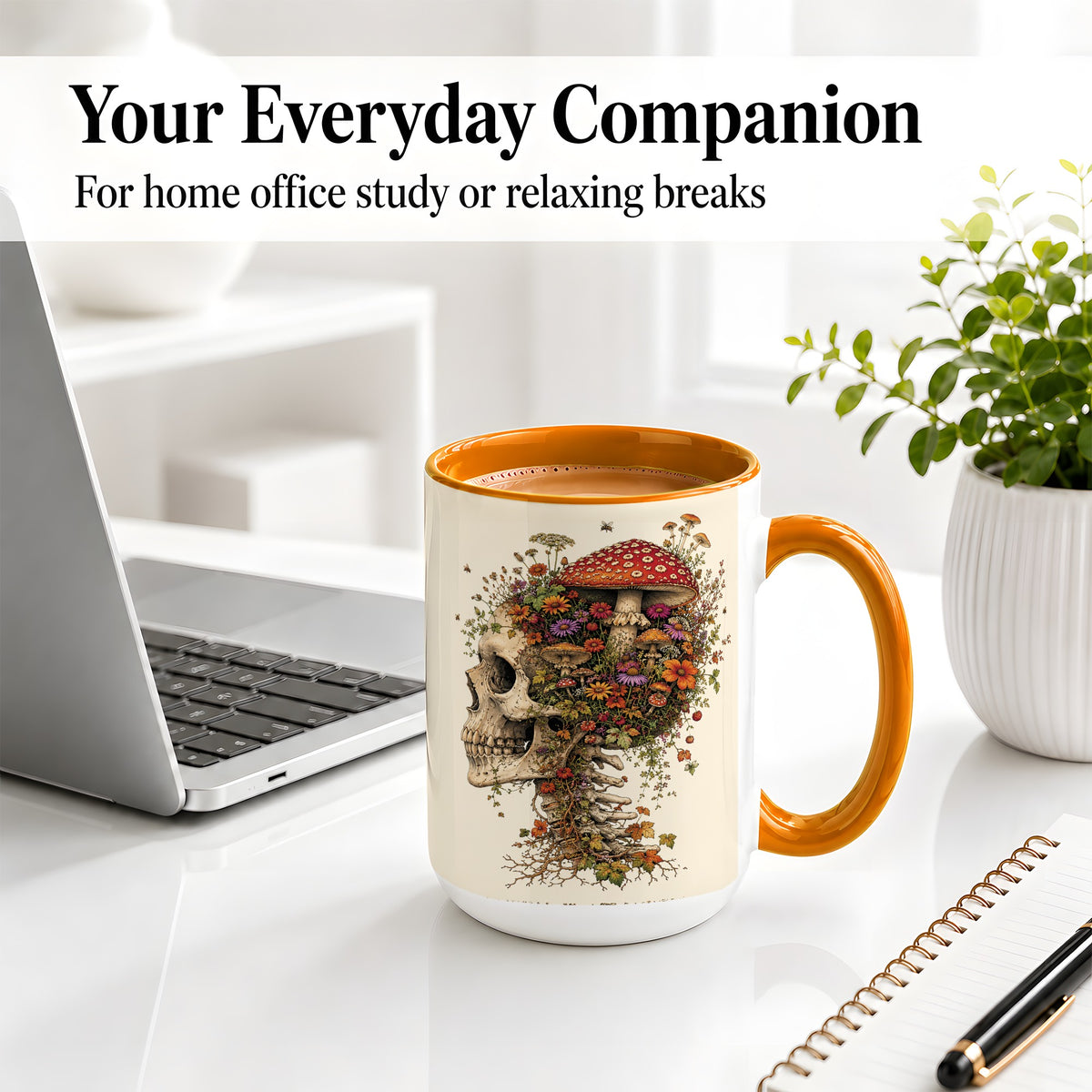 #pl[15oz|Orange] Mushroom Skull Ceramic Mug, Botanical Wildflower Autumn Artwork
