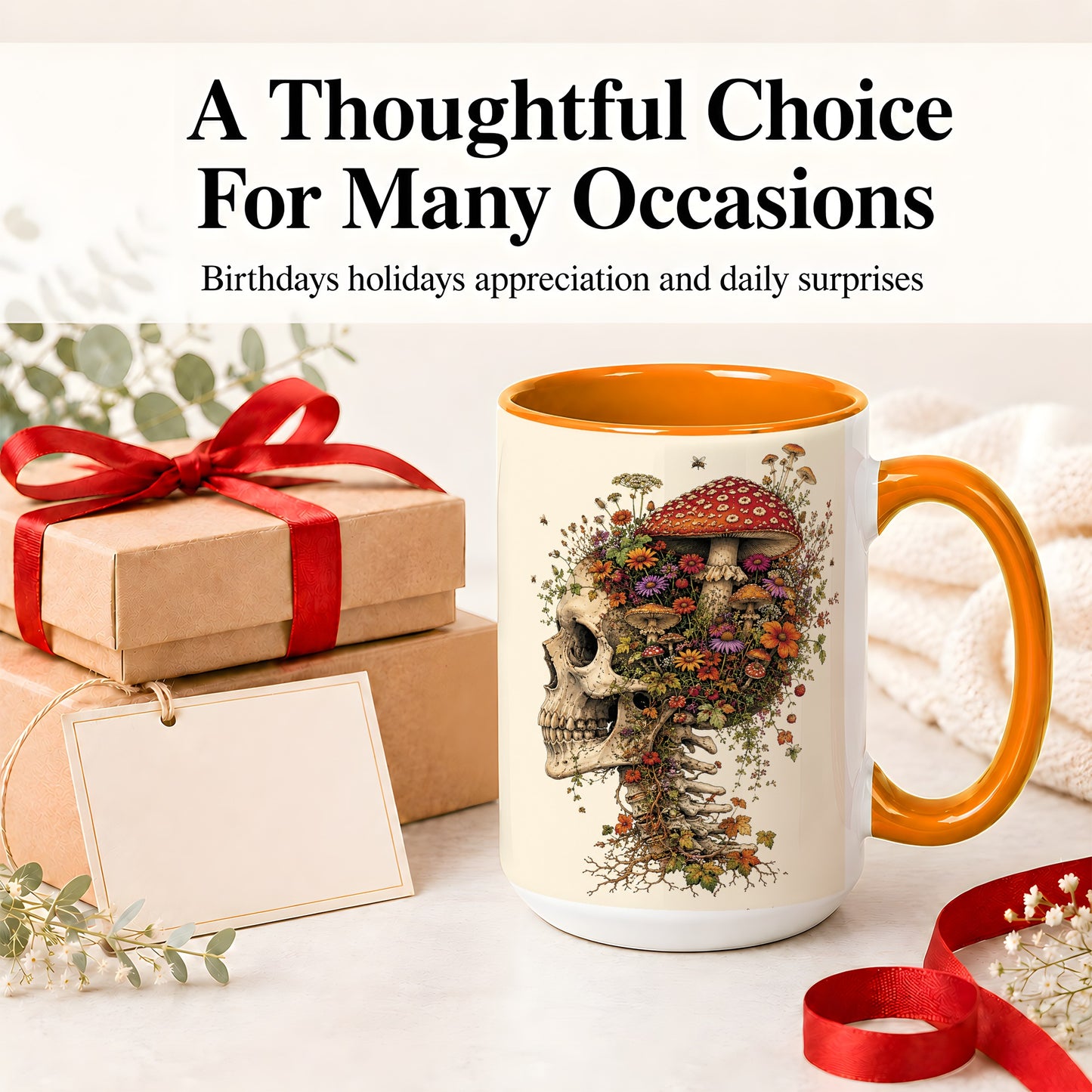 #pl[15oz|Orange] Mushroom Skull Ceramic Mug, Botanical Wildflower Autumn Artwork