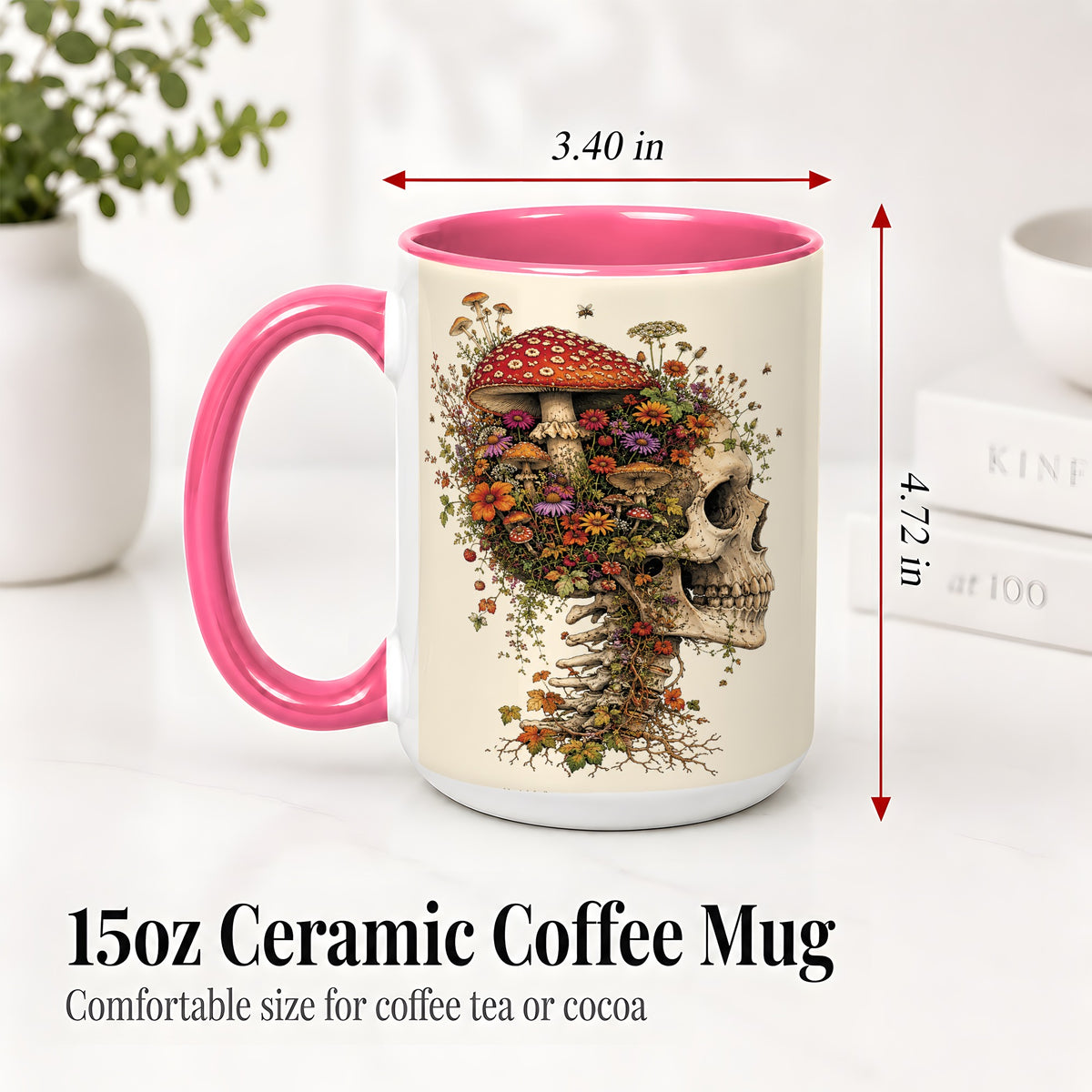 #pl[15oz|Pink] Mushroom Skull Ceramic Mug, Botanical Wildflower Autumn Artwork