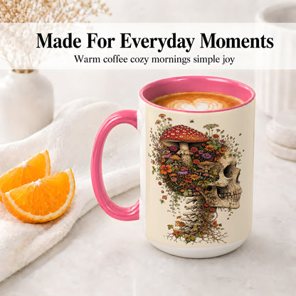 #pl[15oz|Pink] Mushroom Skull Ceramic Mug, Botanical Wildflower Autumn Artwork