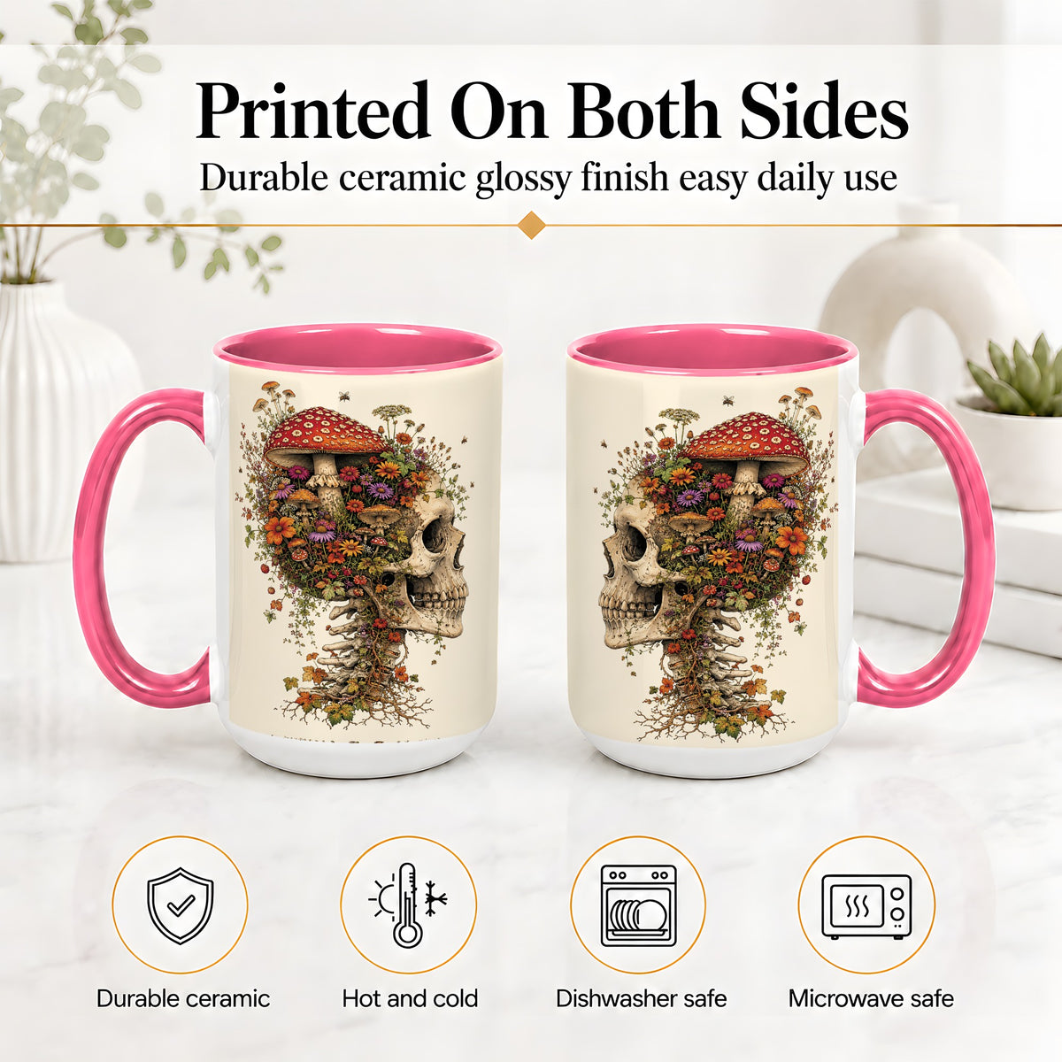 #pl[15oz|Pink] Mushroom Skull Ceramic Mug, Botanical Wildflower Autumn Artwork