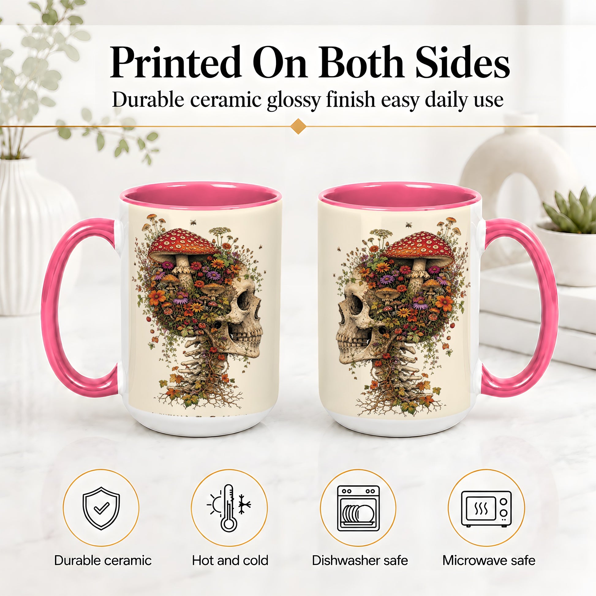 #pl[15oz|Pink] Mushroom Skull Ceramic Mug, Botanical Wildflower Autumn Artwork