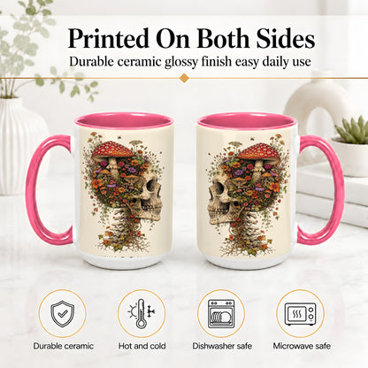 #pl[15oz|Pink] Mushroom Skull Ceramic Mug, Botanical Wildflower Autumn Artwork