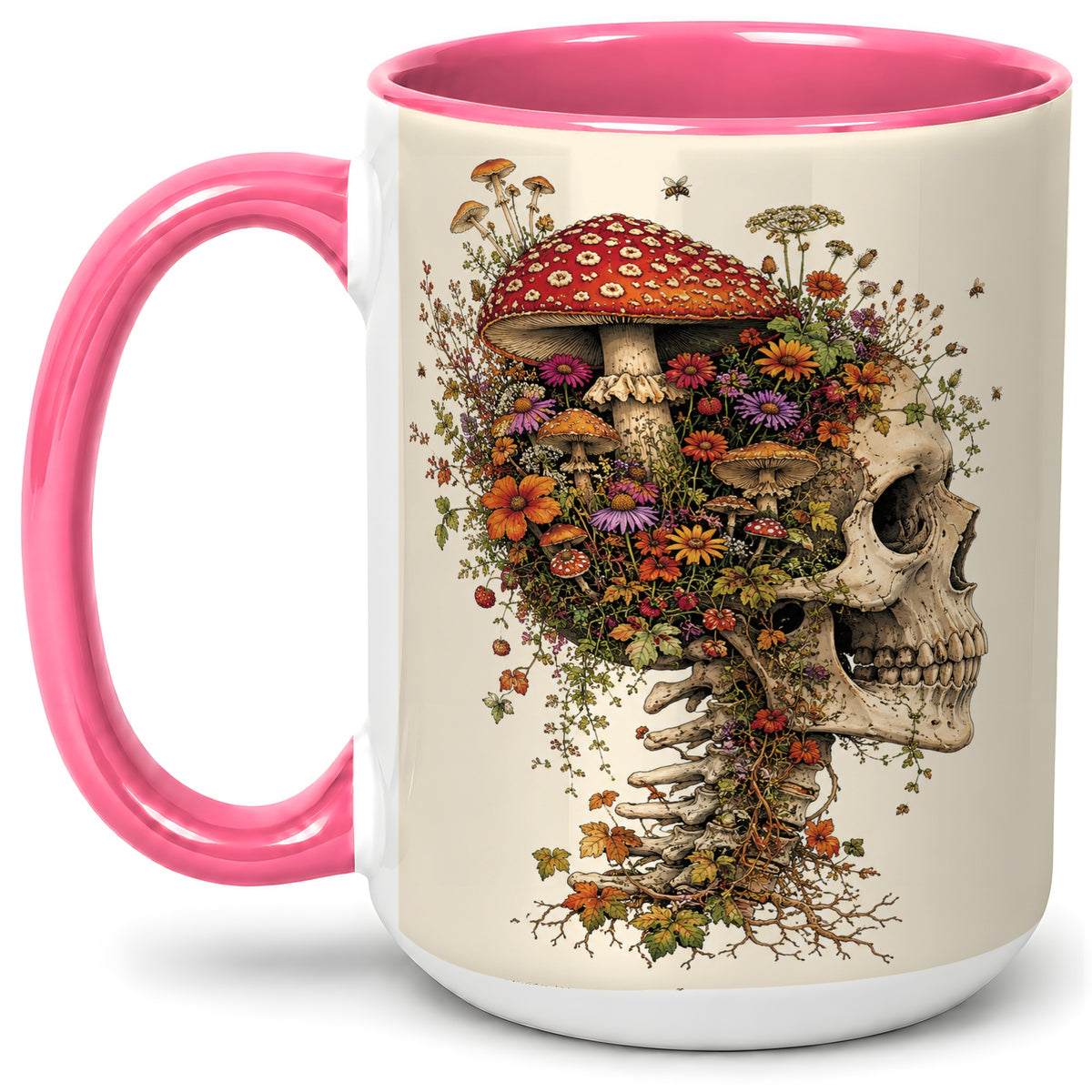 #pl[15oz|Pink] Mushroom Skull Ceramic Mug, Botanical Wildflower Autumn Artwork