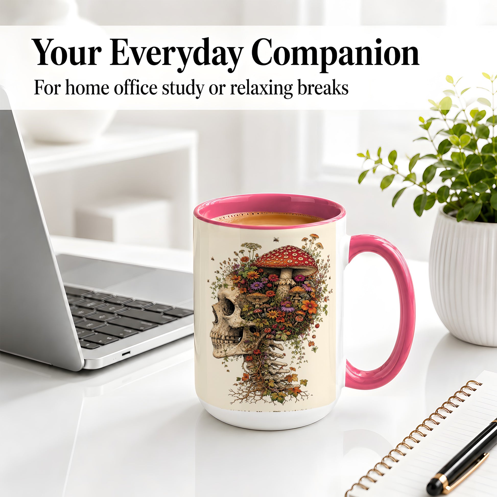 #pl[15oz|Pink] Mushroom Skull Ceramic Mug, Botanical Wildflower Autumn Artwork
