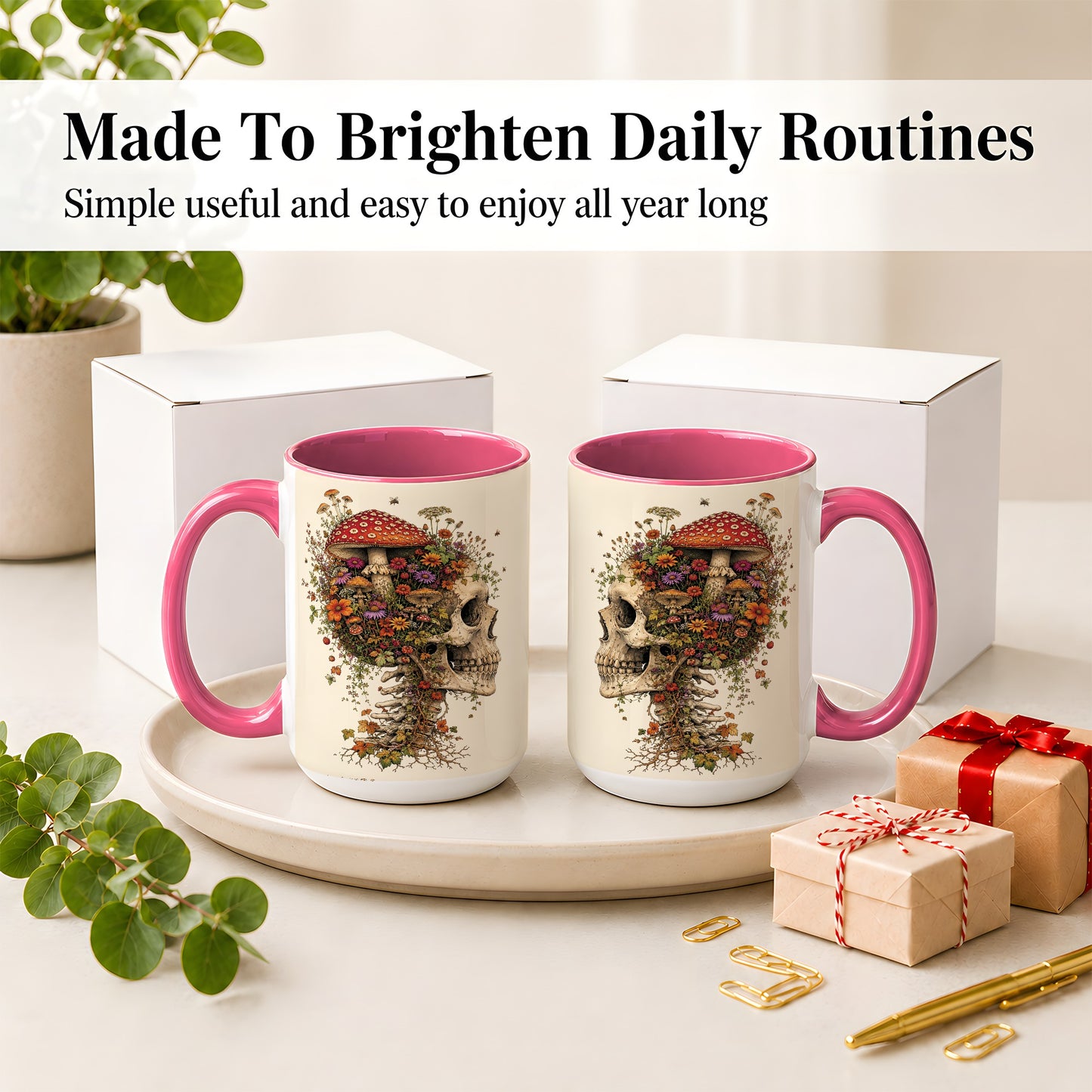 #pl[15oz|Pink] Mushroom Skull Ceramic Mug, Botanical Wildflower Autumn Artwork