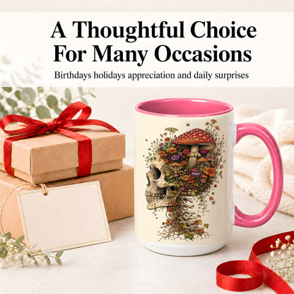 #pl[15oz|Pink] Mushroom Skull Ceramic Mug, Botanical Wildflower Autumn Artwork