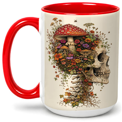 #pl[15oz|Red] Mushroom Skull Ceramic Mug, Botanical Wildflower Autumn Artwork